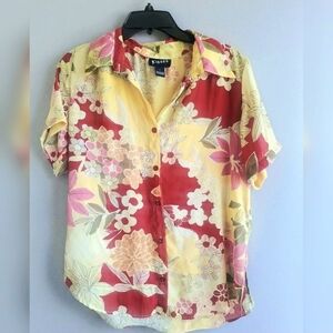Kisses Floral Button Down Blouse L Red Yellow Tropical Short Sleeve